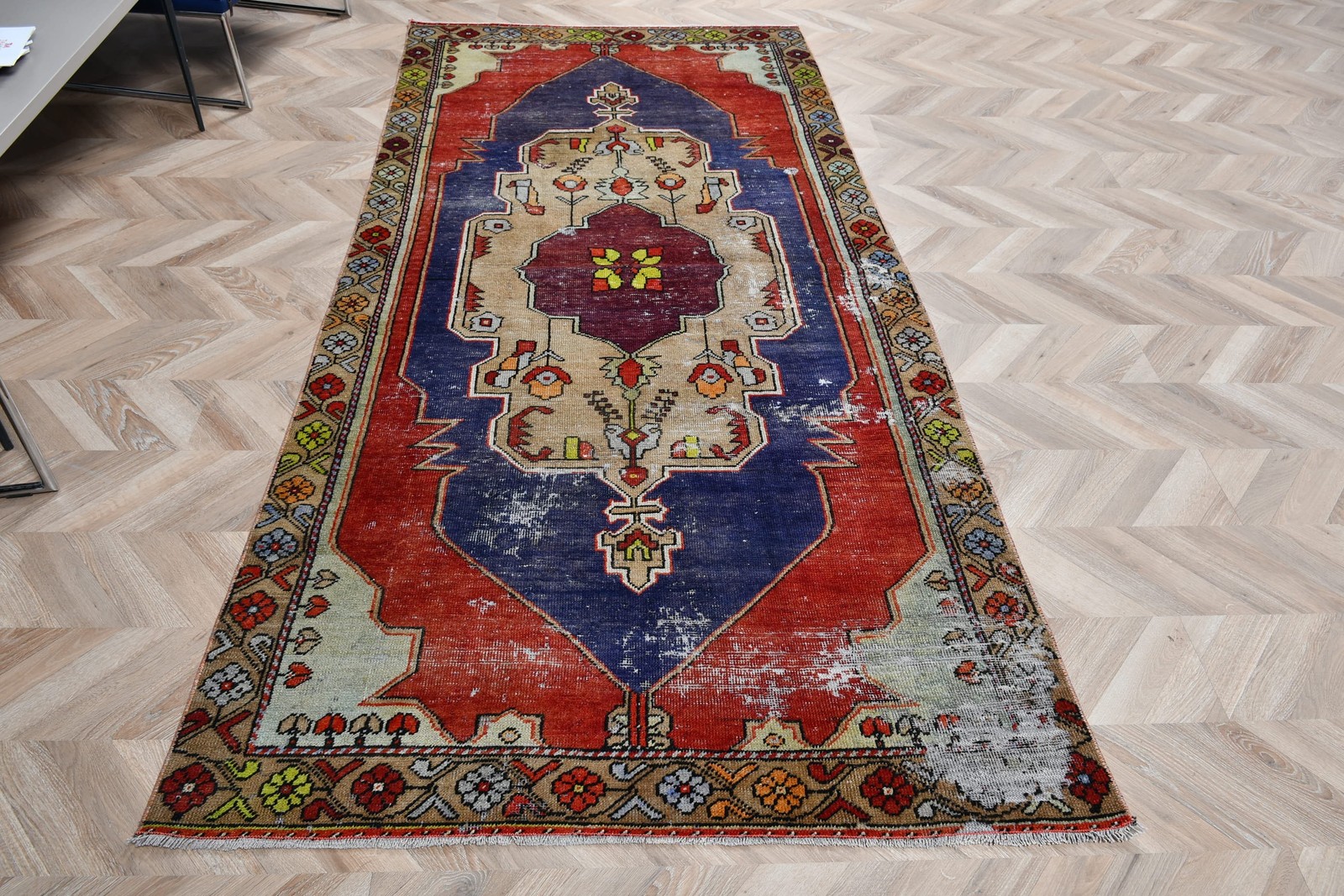 Turkish Vintage Rug 4×8,7 ft (123×266 cm), Red Blue Oriental Rug