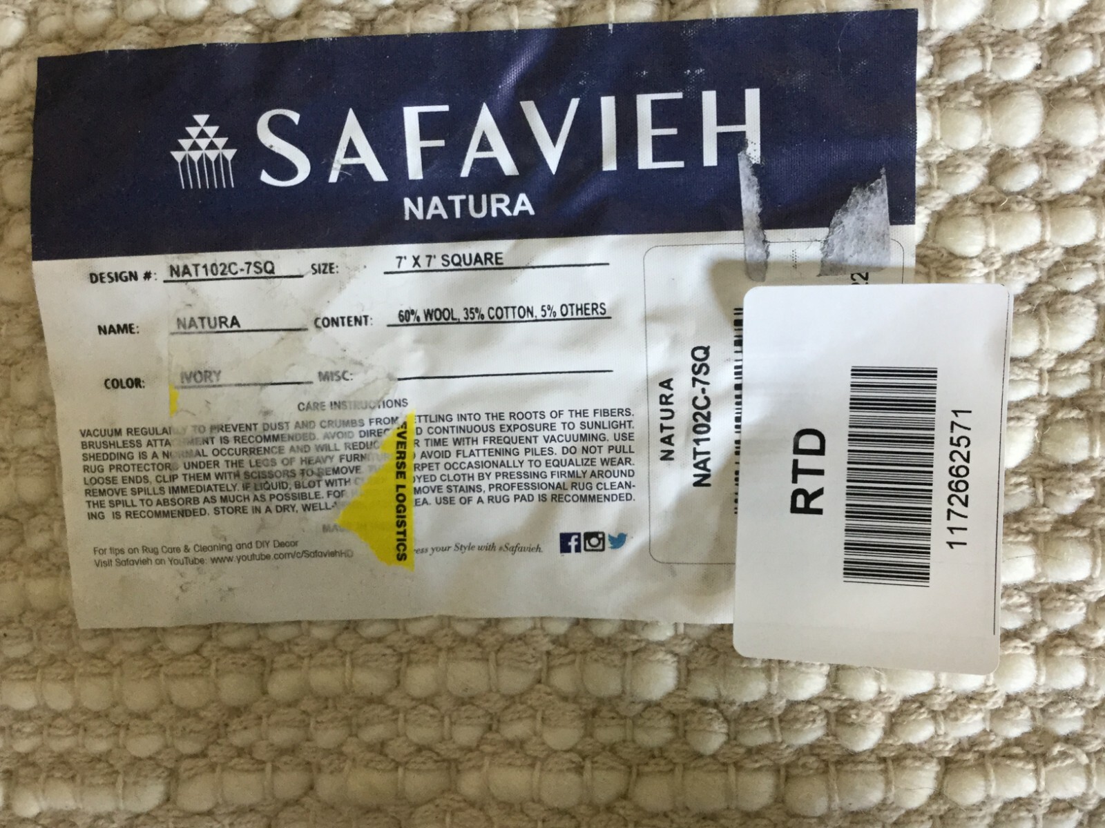 IVORY 7′ X 7′ Square Flaw in Rug, Reduced Price 1172662571 NAT102C-7SQ