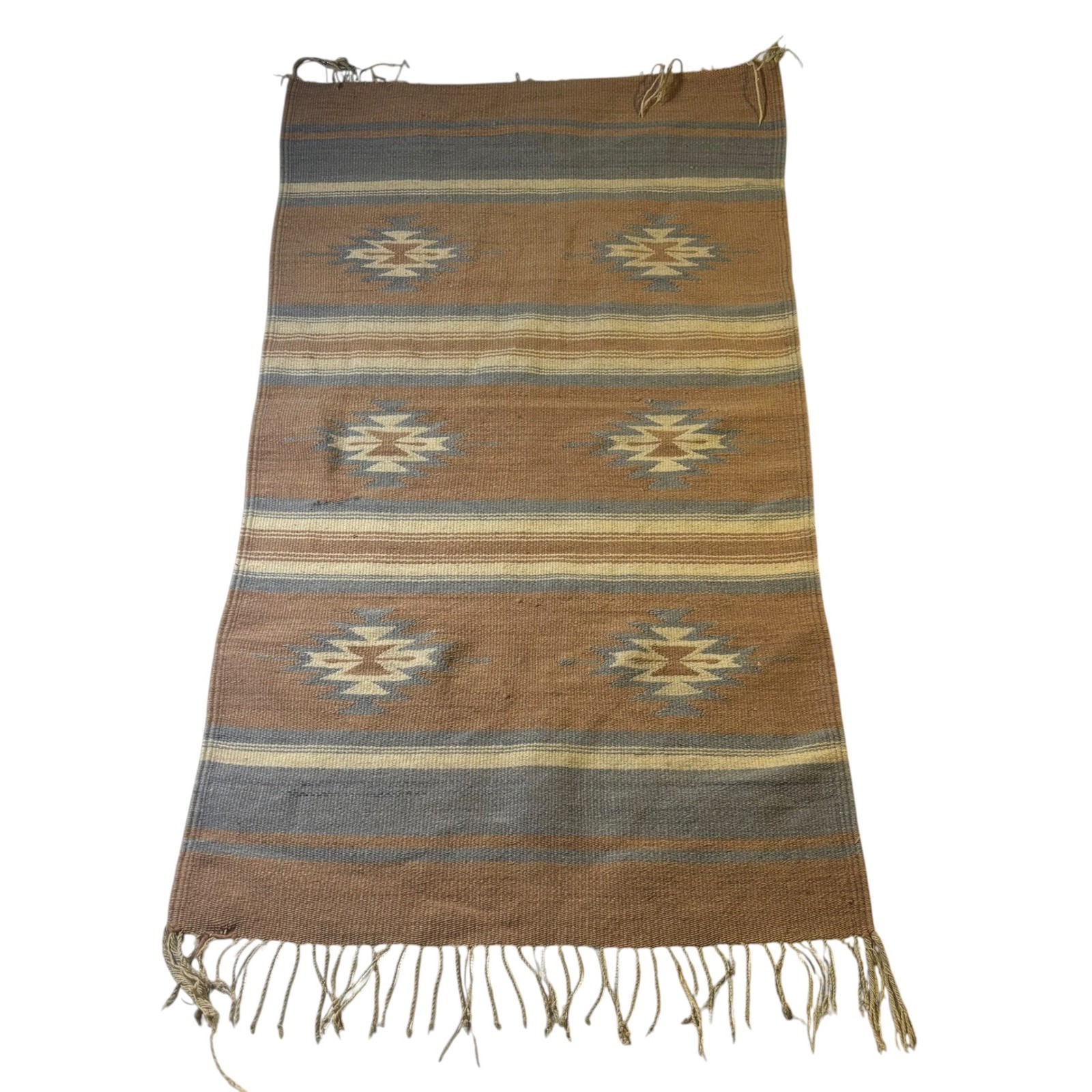 Southwestern Handwoven Wool Rug Tapestry Geometric Diamond Terracotta Blue 24×41