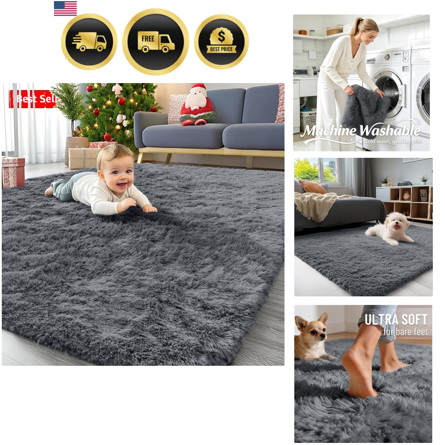 Area Rugs for Living Room Bedroom, Machine Washable 4×5.9 ft Soft Fluffy Shag…