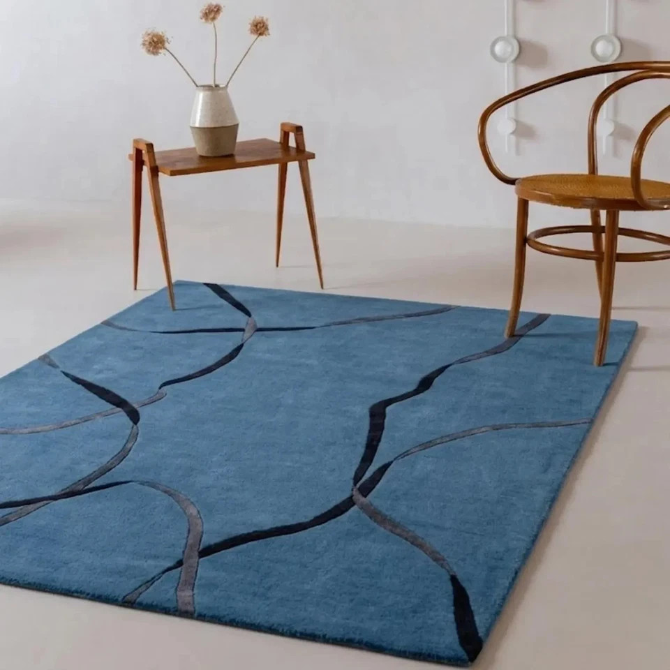 Modern Blue Abstract Rug – Hand Tufted Wool Area Rug, Minimalist Organic