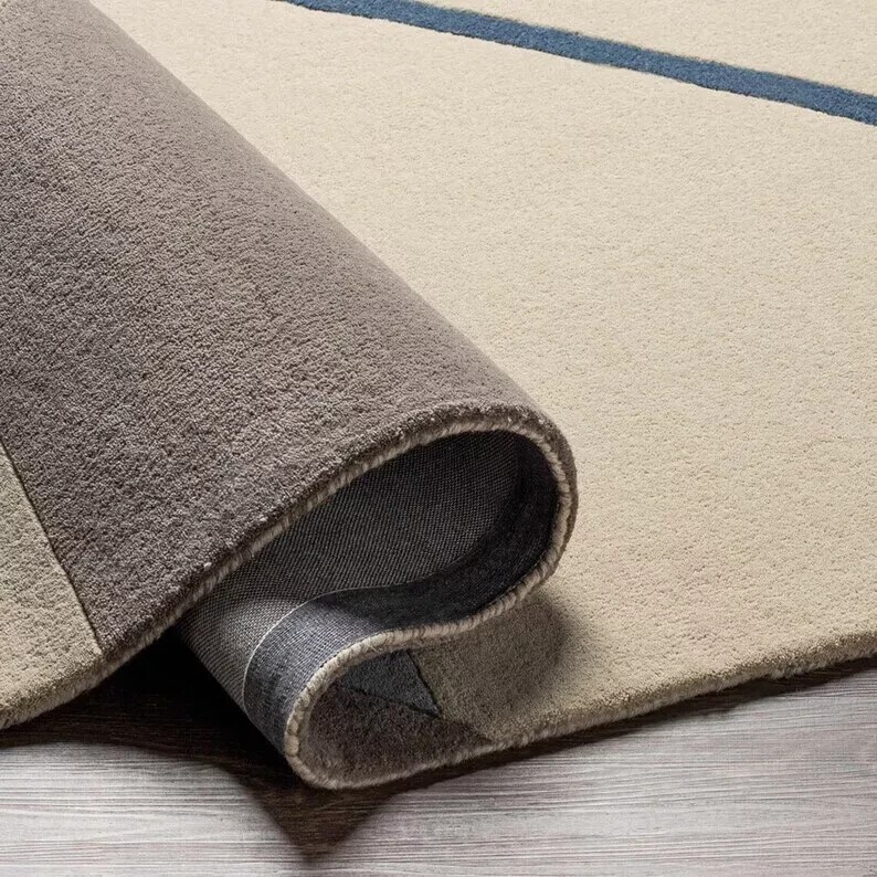 Modern Geometric Hand Tufted Wool Area Rug Blue Grey Beige Abstract Lines Rug