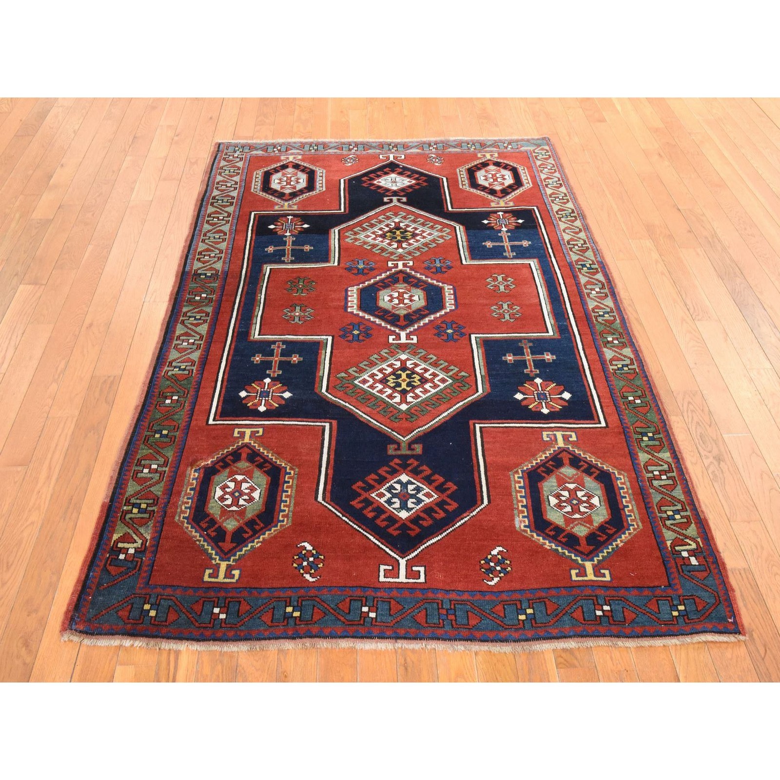 4’9″x7’1″ Red Antique Caucasian Armenian Kazak Pure Wool Hand Knotted Rug 78531