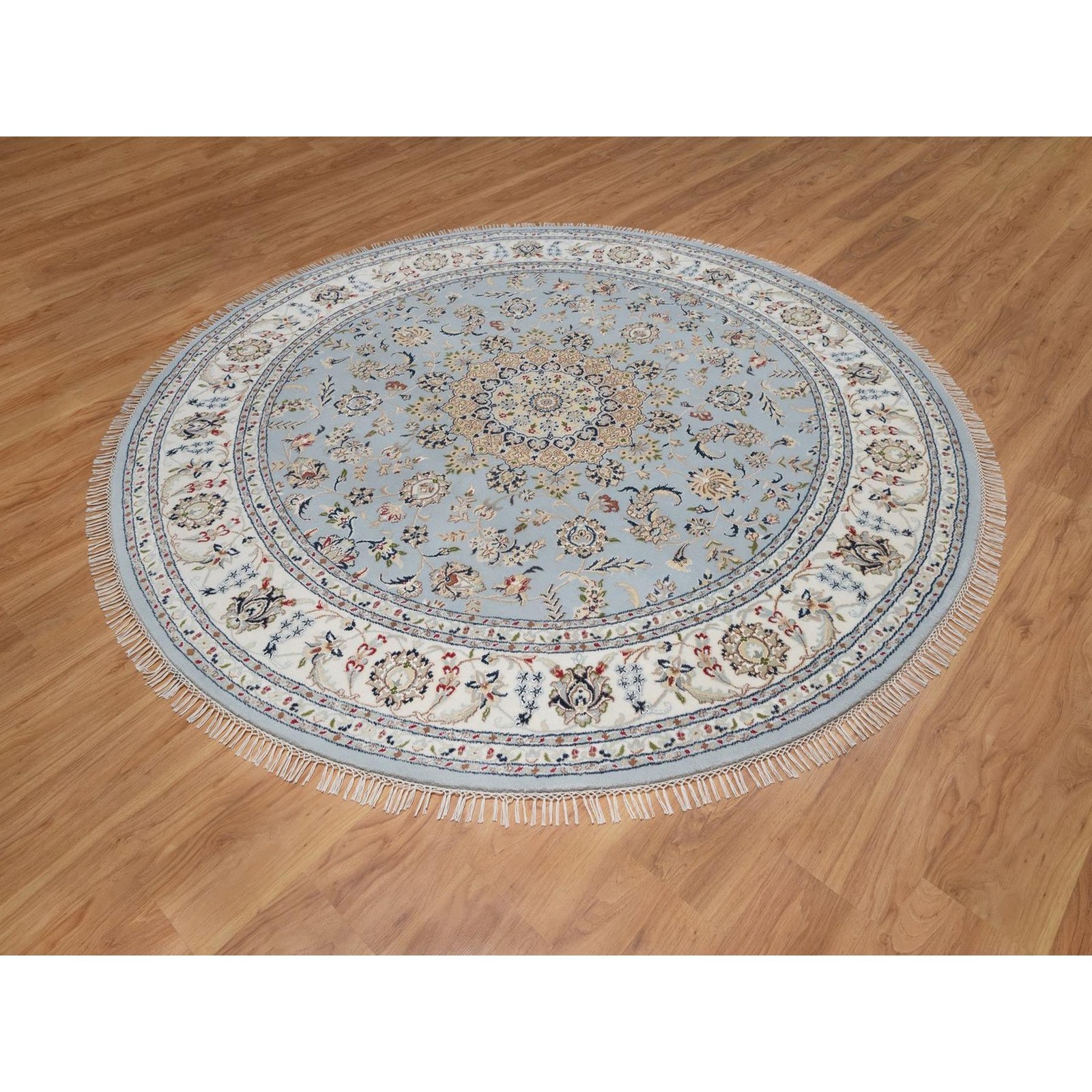 7’9″x7’9″ Light Blue Nain 250 KPSI Hand Knotted Wool and Silk Round Rug 92502