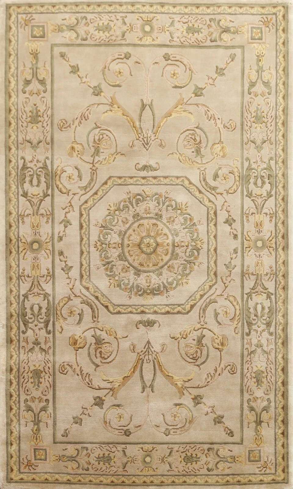 Antique Oushak Hand Knotted Wool Rug Beige Sage Green Elegant Medallion Carpet