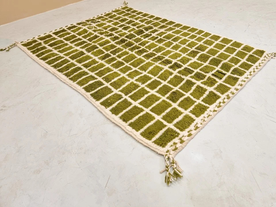 Moroccan Handmade Rug Berber Grid Green & White 100% Wool Carpet Rugs