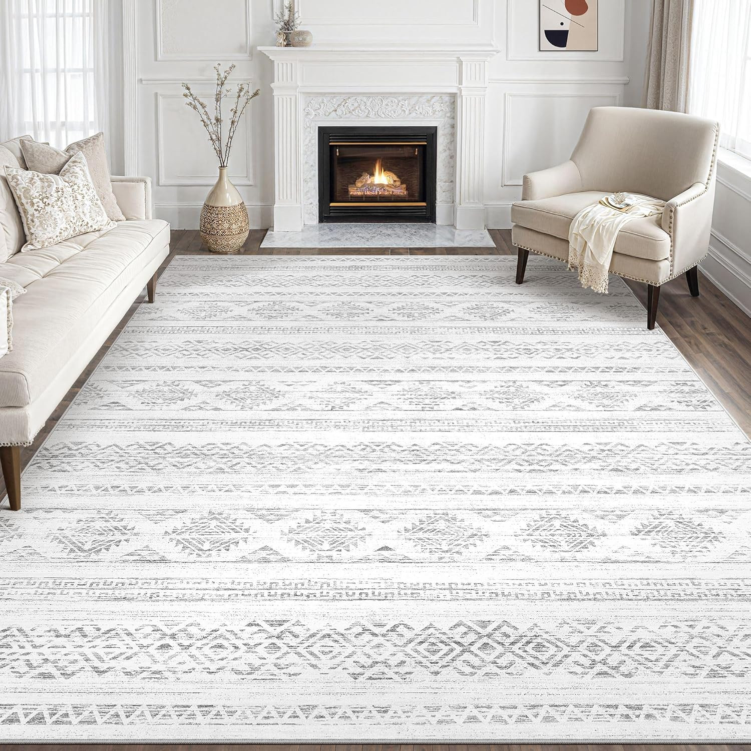 Area Rug Living Room Rugs – 10X14 Washable Large Soft Neutral Boho Moroccan Bohe