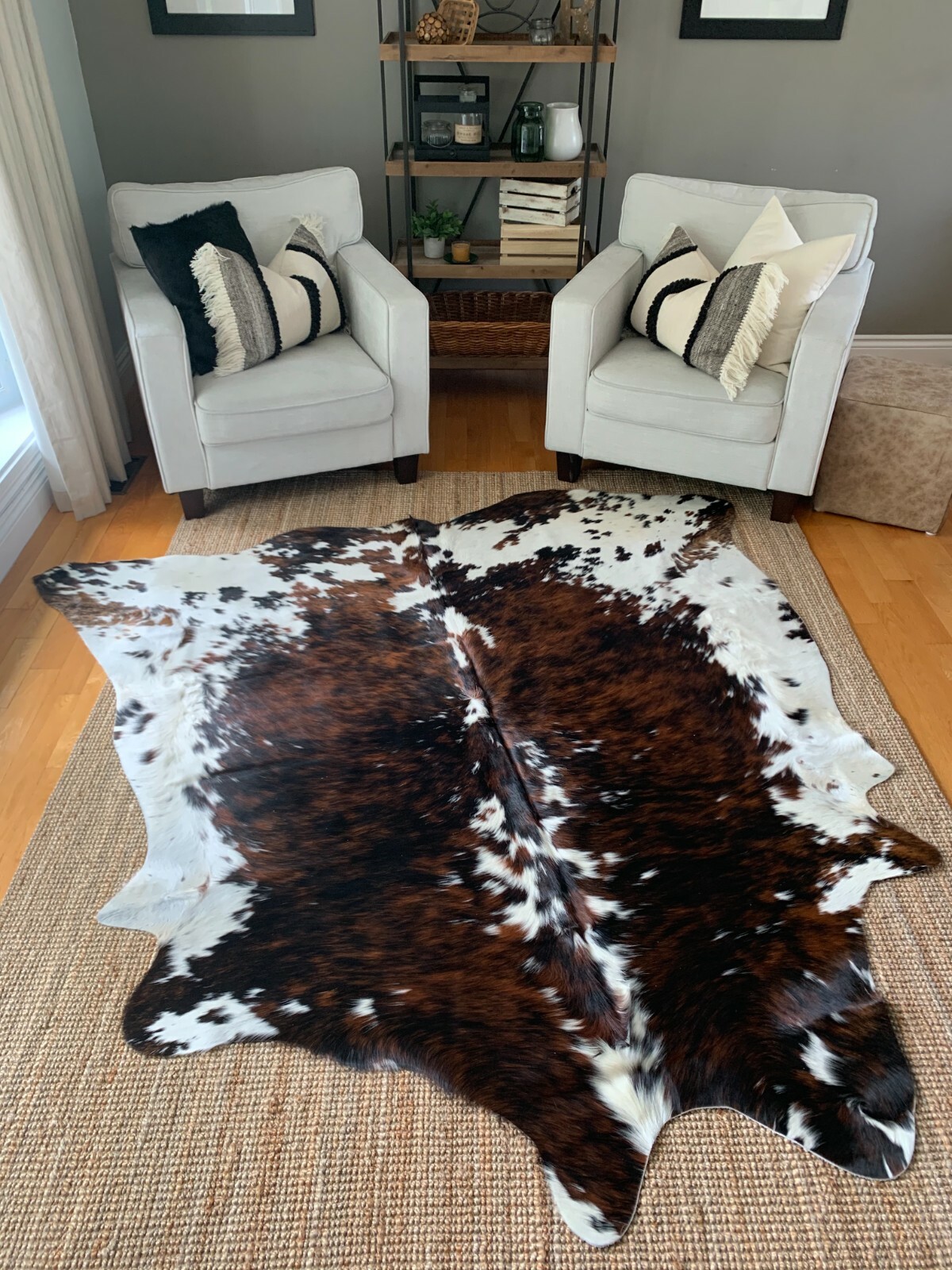 Tricolor Cow Hide Skin Leather Rug – Average Size 7X6 feet – New Cowhide Rug