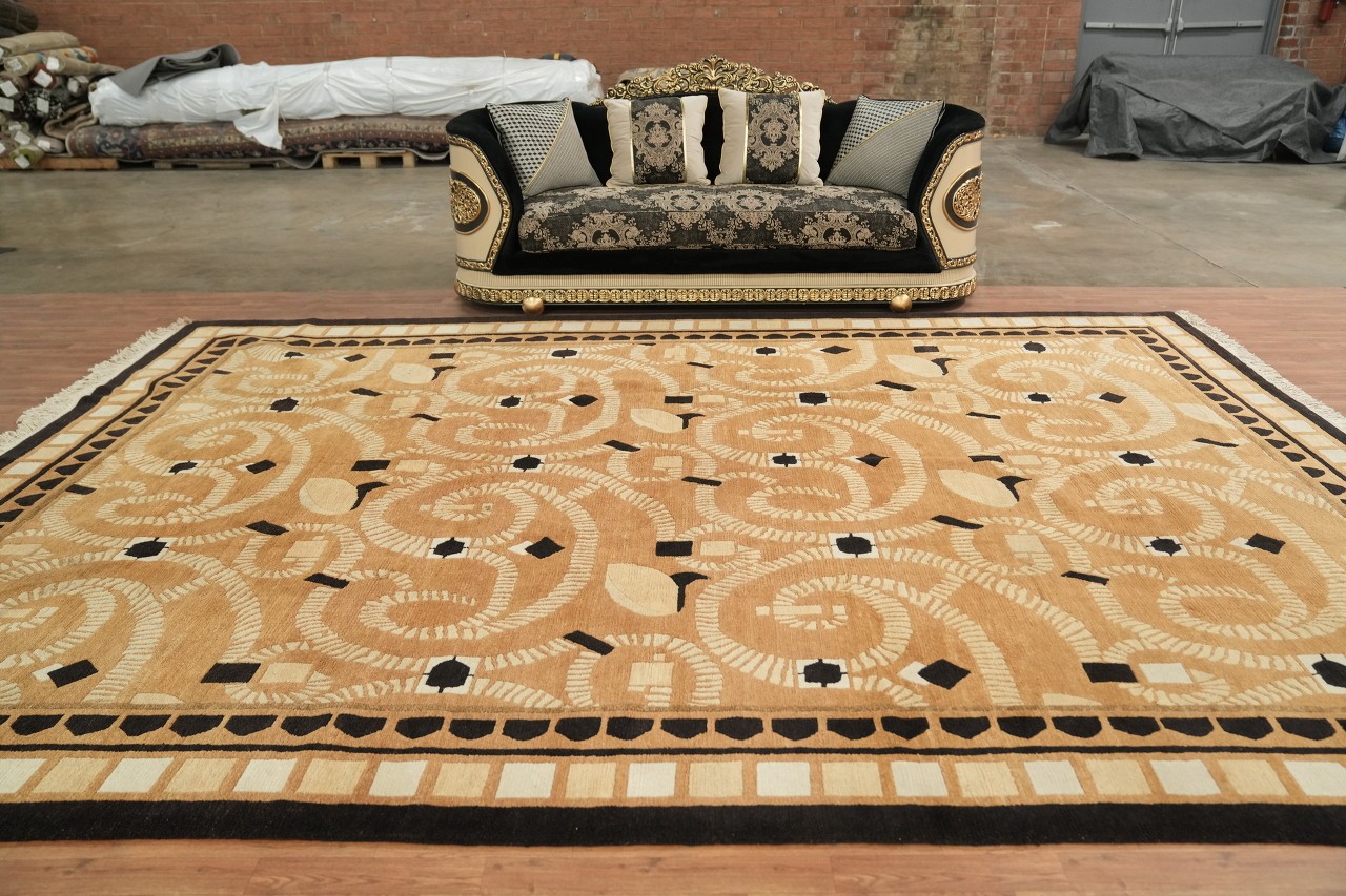 15×11 Rust Ivory Modern Geometric Hand-Knotted Wool Nepalese Area Rug