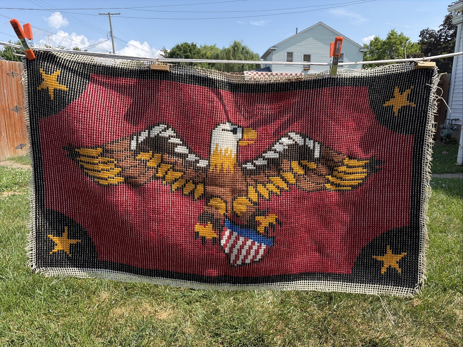 Rug Hand Crafted Retro 70s Wall Hanging Eagle Red Black Stars Hook USA 4th July