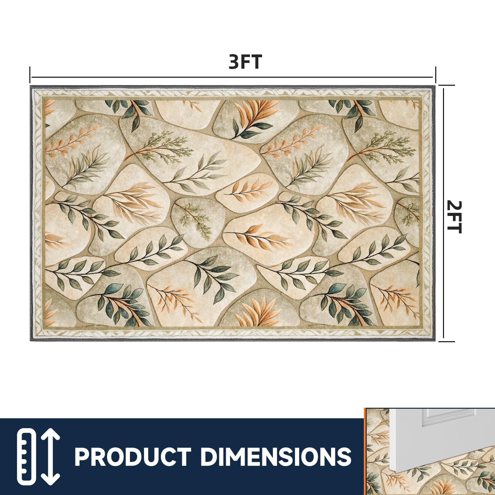 2×3 Ft Entryway Rug Washable Door Mat Non Slip Low Pile Neutral Leaf Small