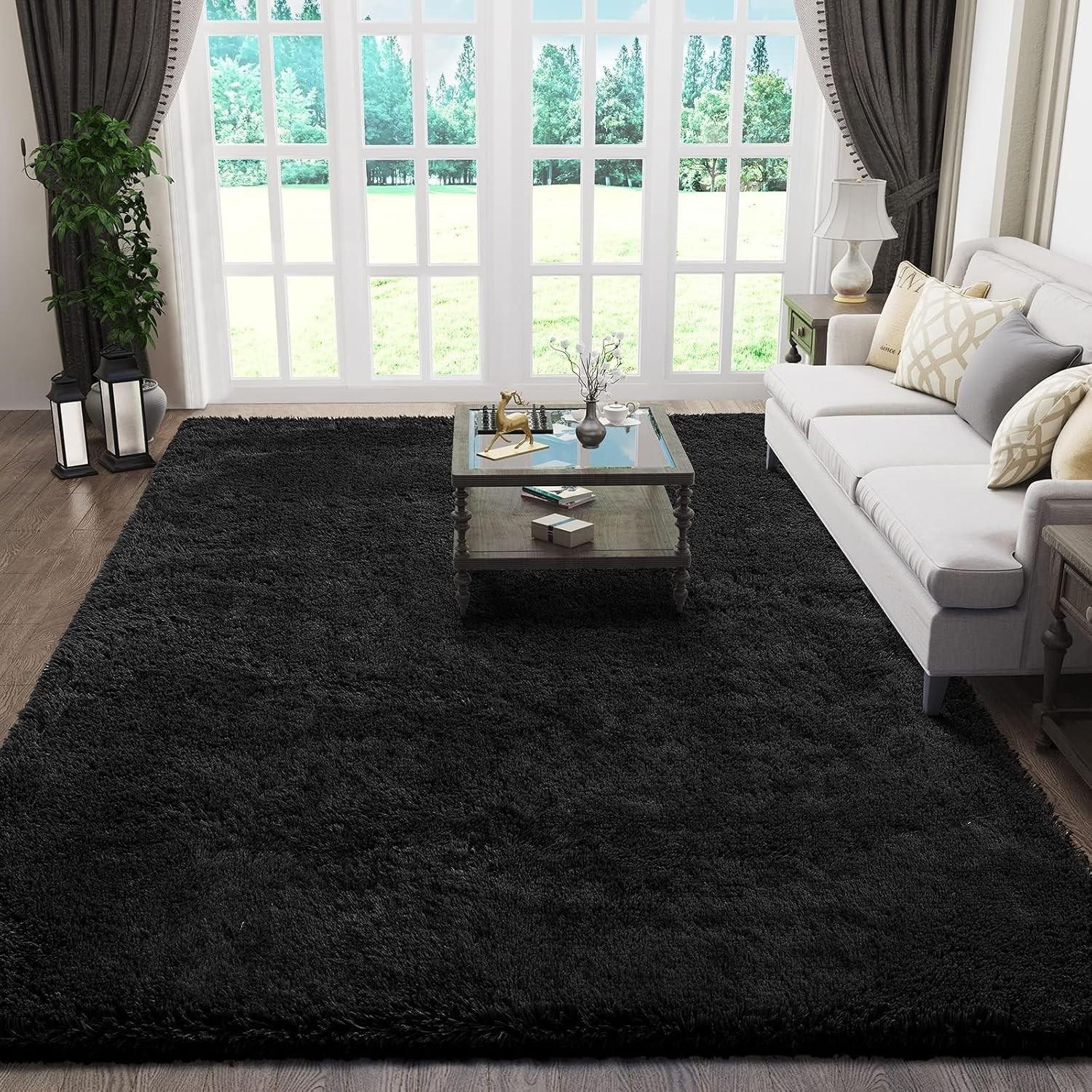 Unused Black Shag Area Rug 5×8 Fluffy Soft Fuzzy Carpet for Living Room Bedroom