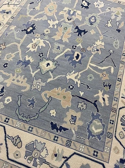 Hand Knotted Oushak Wool Rug Gray Blue Turkish Area Rug 8×10 9×12