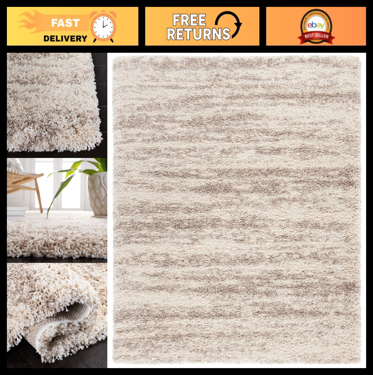 Plush Modern Ivory & Beige Shag Accent Rug 2×3 – Soft Area Carpet for Home Decor