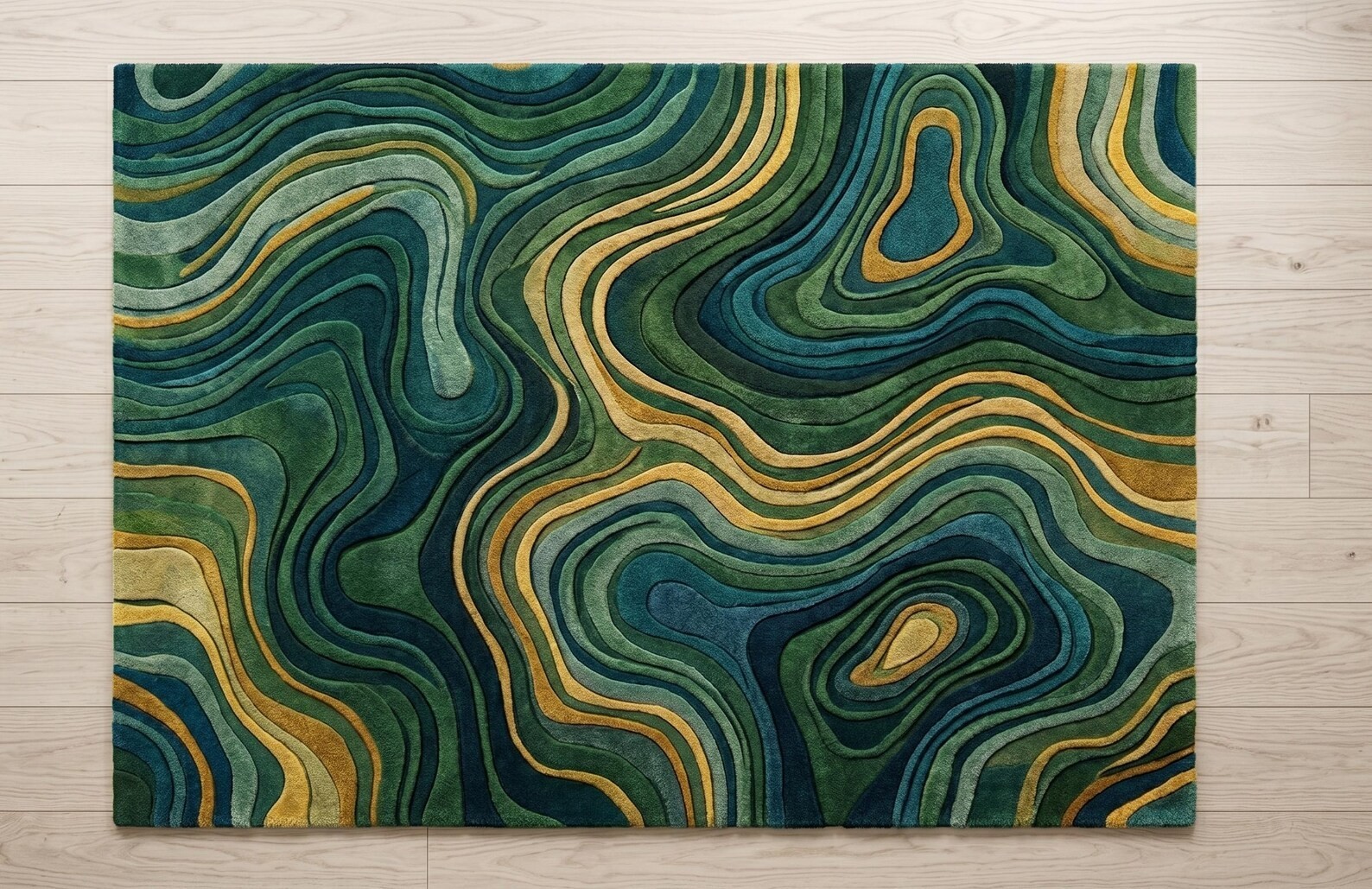 Modern Solid Forest Green Area Rug | Deep Teal Mustard Organic Swirl Living Room