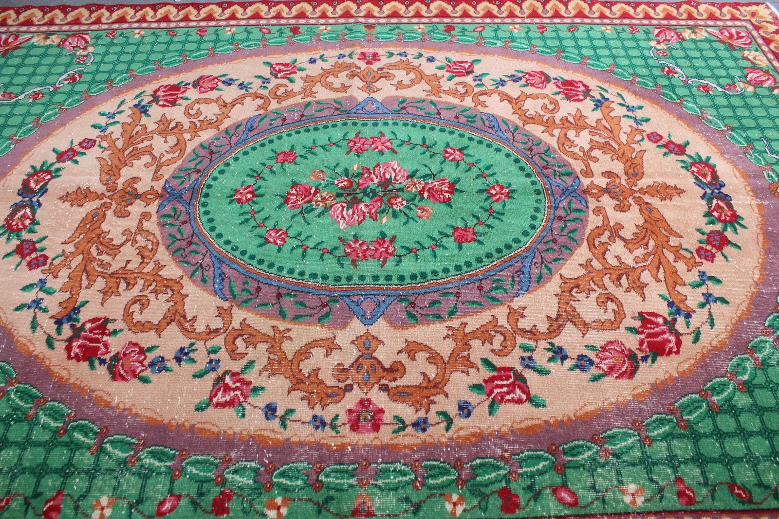7,3×10,7 ft Vintage Rug, Turkish Oversize Rug, Green Red Oriental Wool Rug