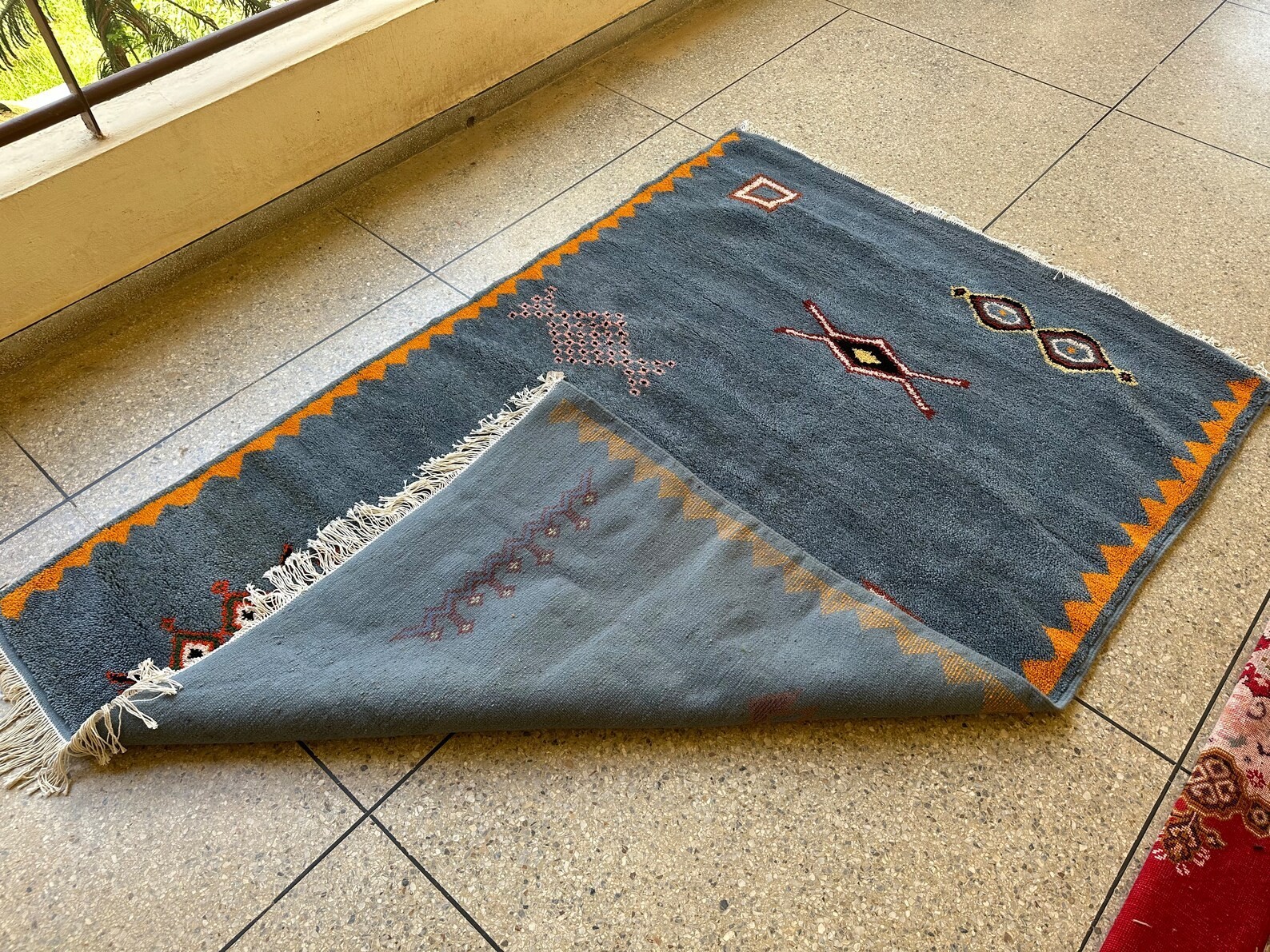 Handwoven Moroccan Berber Wool Rug Color Teal Blue and Yellow Design Carpet Rug