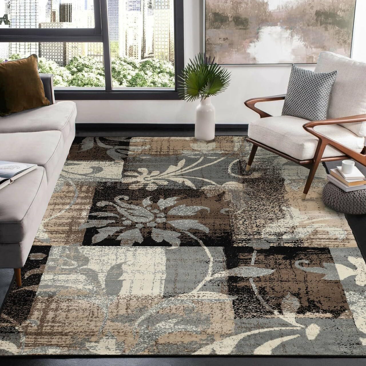 Modern Floral Patchwork Indoor Area Rug, 5′ x 8′, Beige, Jute Backed