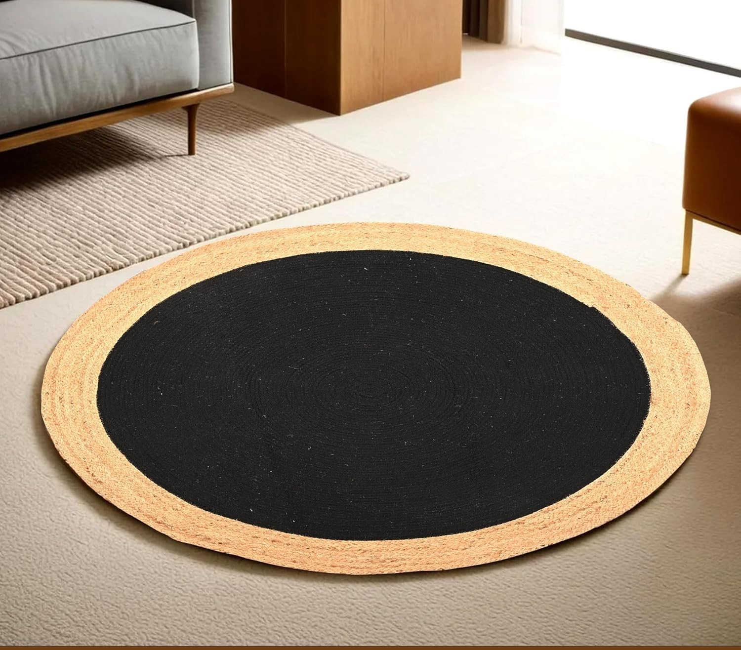 Hand Braided Jute Round Natural and Black Color Reversible Bedroom Guestroom Rug