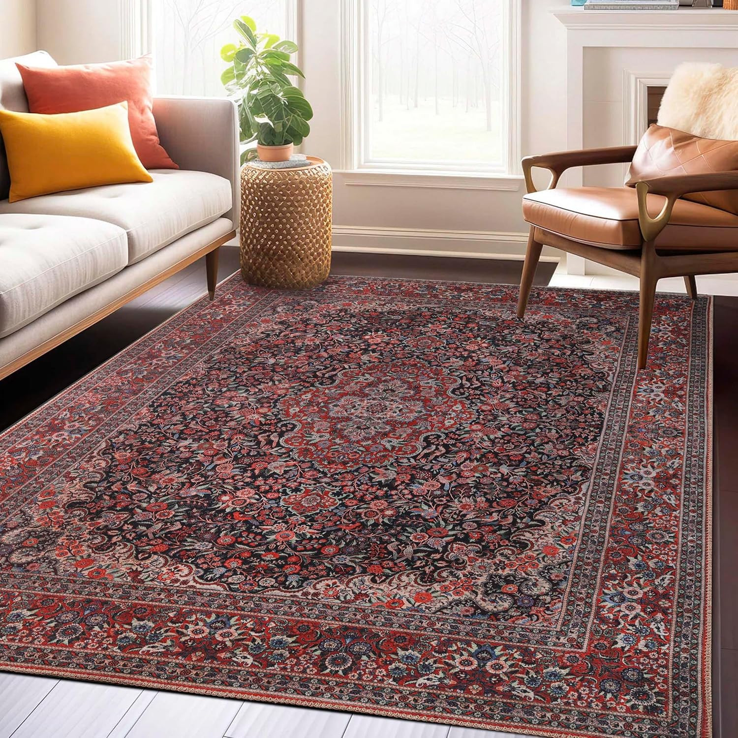 Fiorella Floral Medallion Area Rug 10′ x 14′ – Berry Red, Modern Indoor Decor