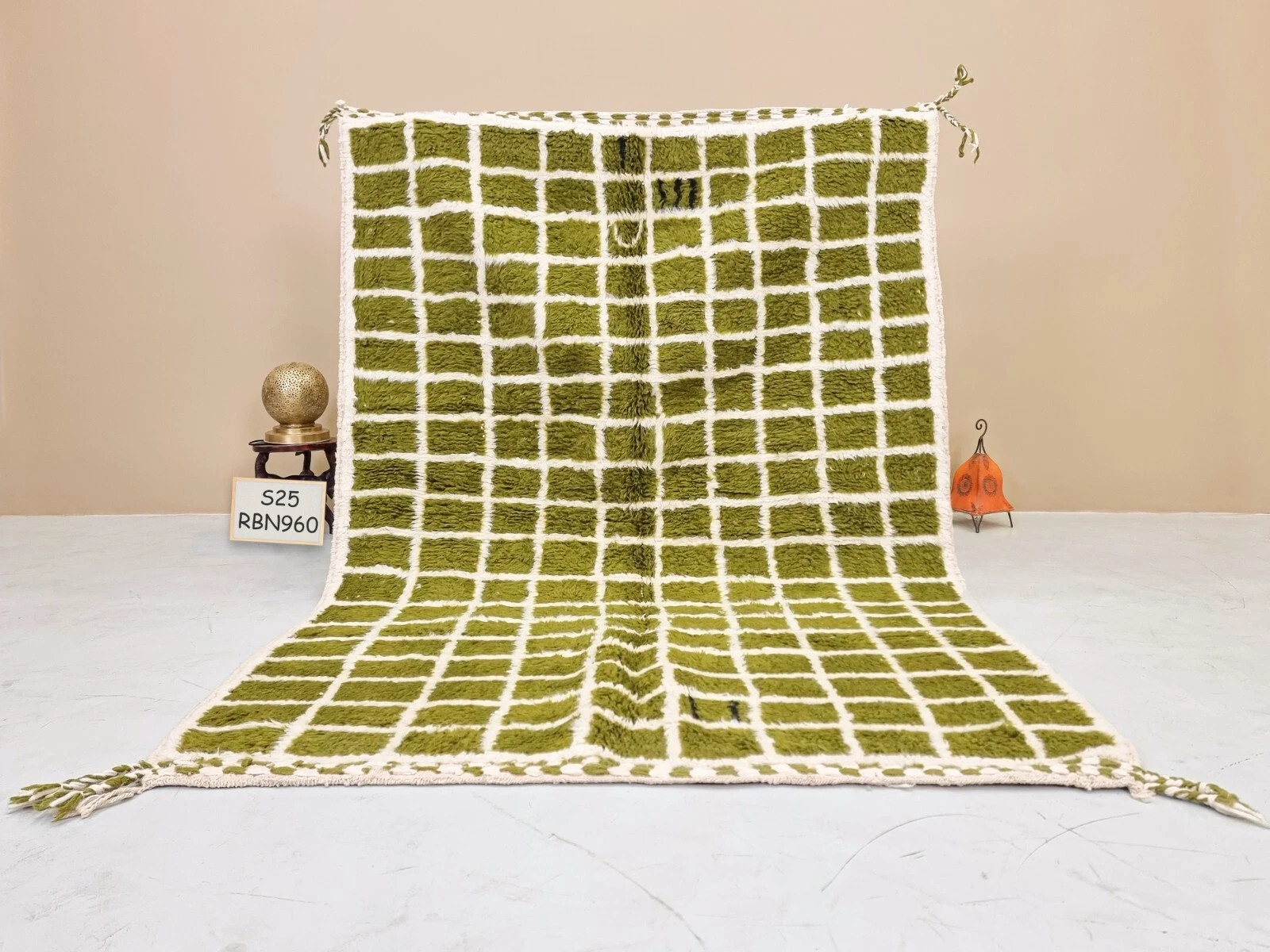 Moroccan Handmade Rug Berber Grid Green & White 100% Wool Carpet Rugs