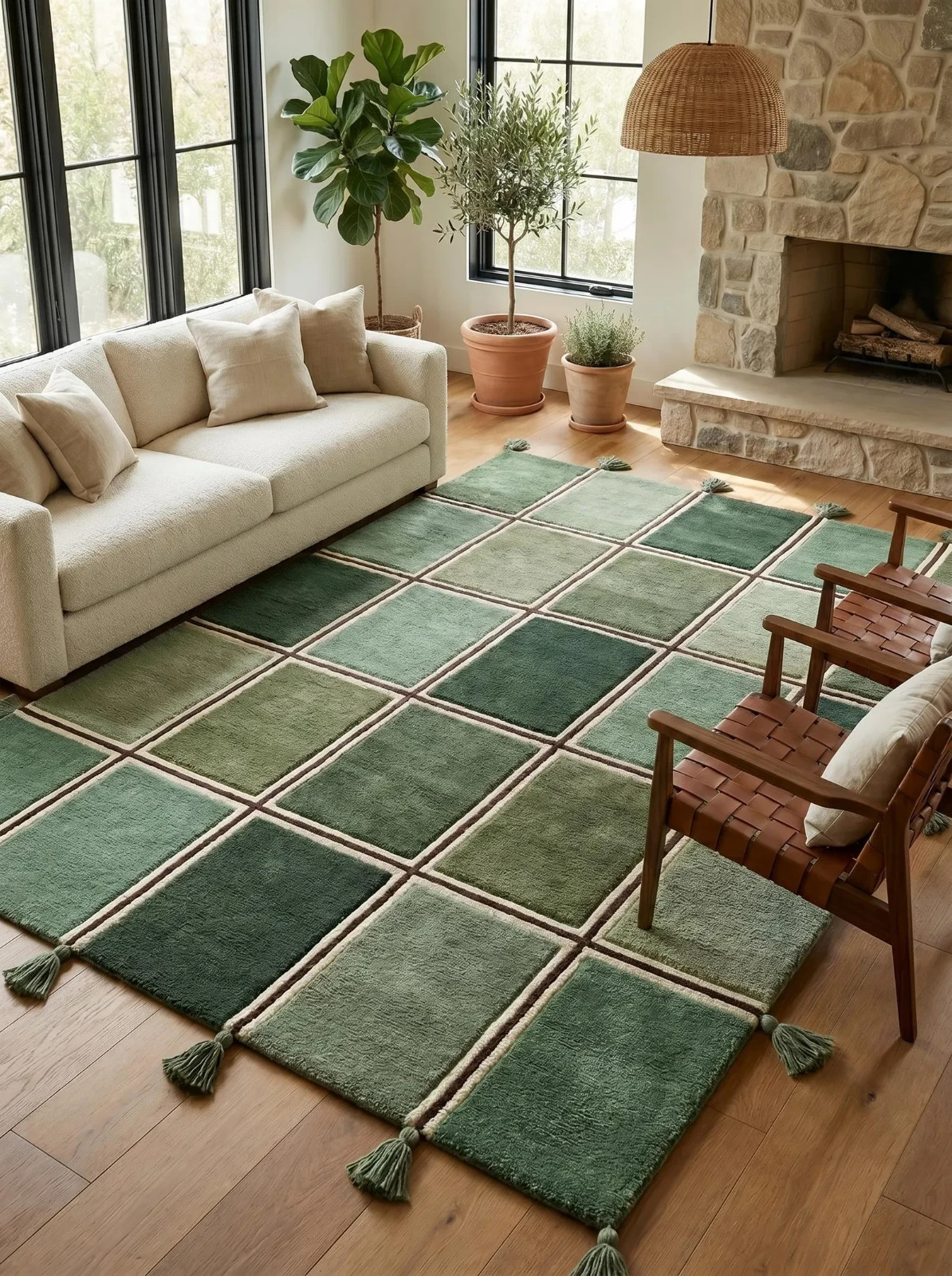 Hand Tufted Green Checkered Rug, Modern Farmhouse Area Rug, Sage Green Grid Rug