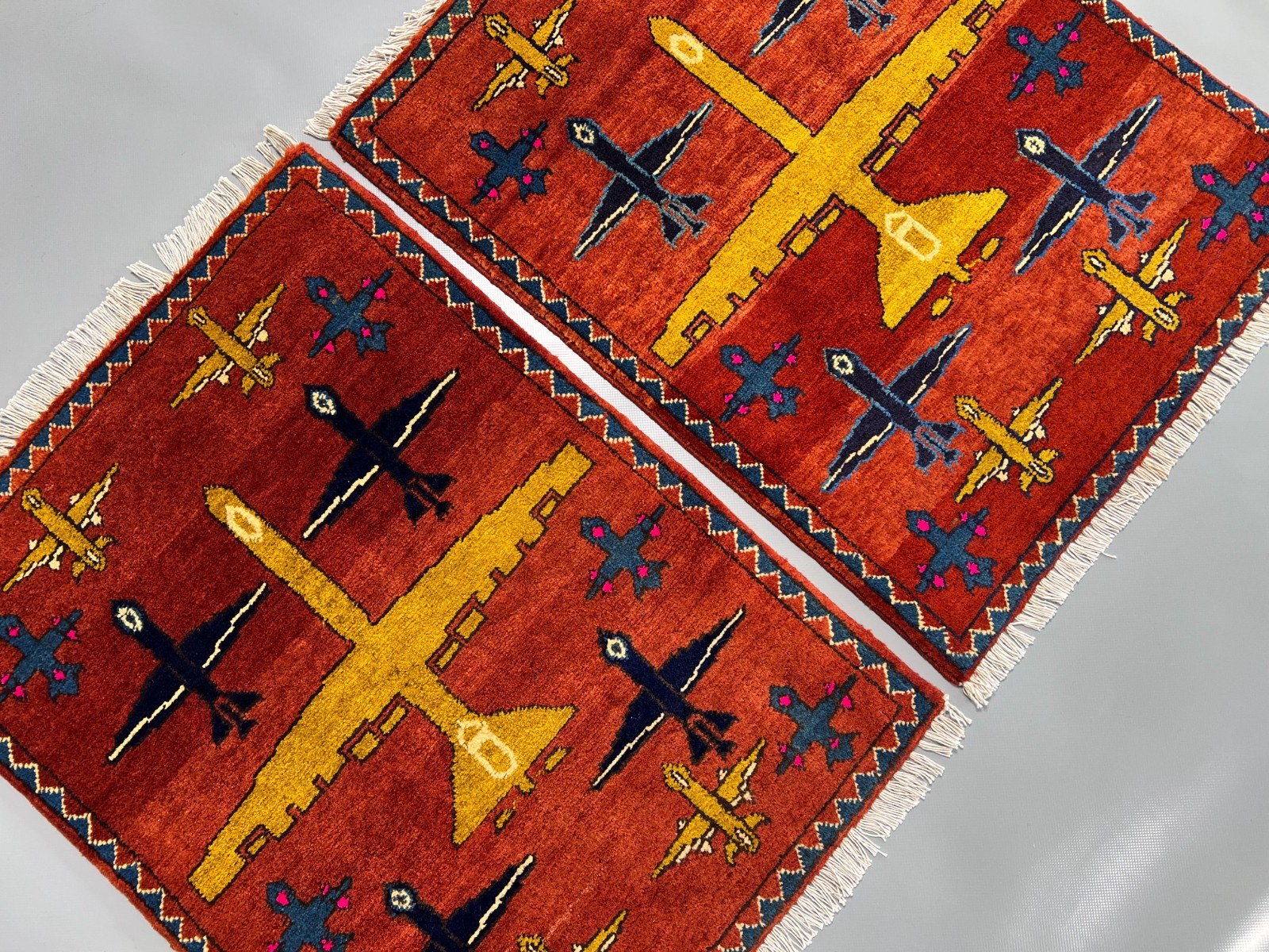 Afghan War Rug Handmade Wool Rust Airplane Military Tribal Carpet