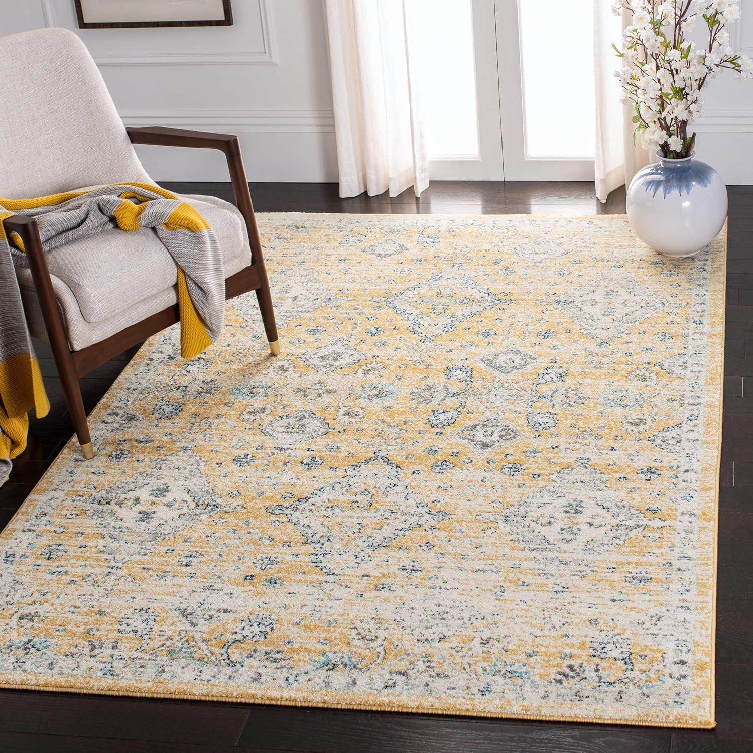 Evoke Collection 10×14 Gold/Ivory Boho Oriental Non-Shedding Area Rug