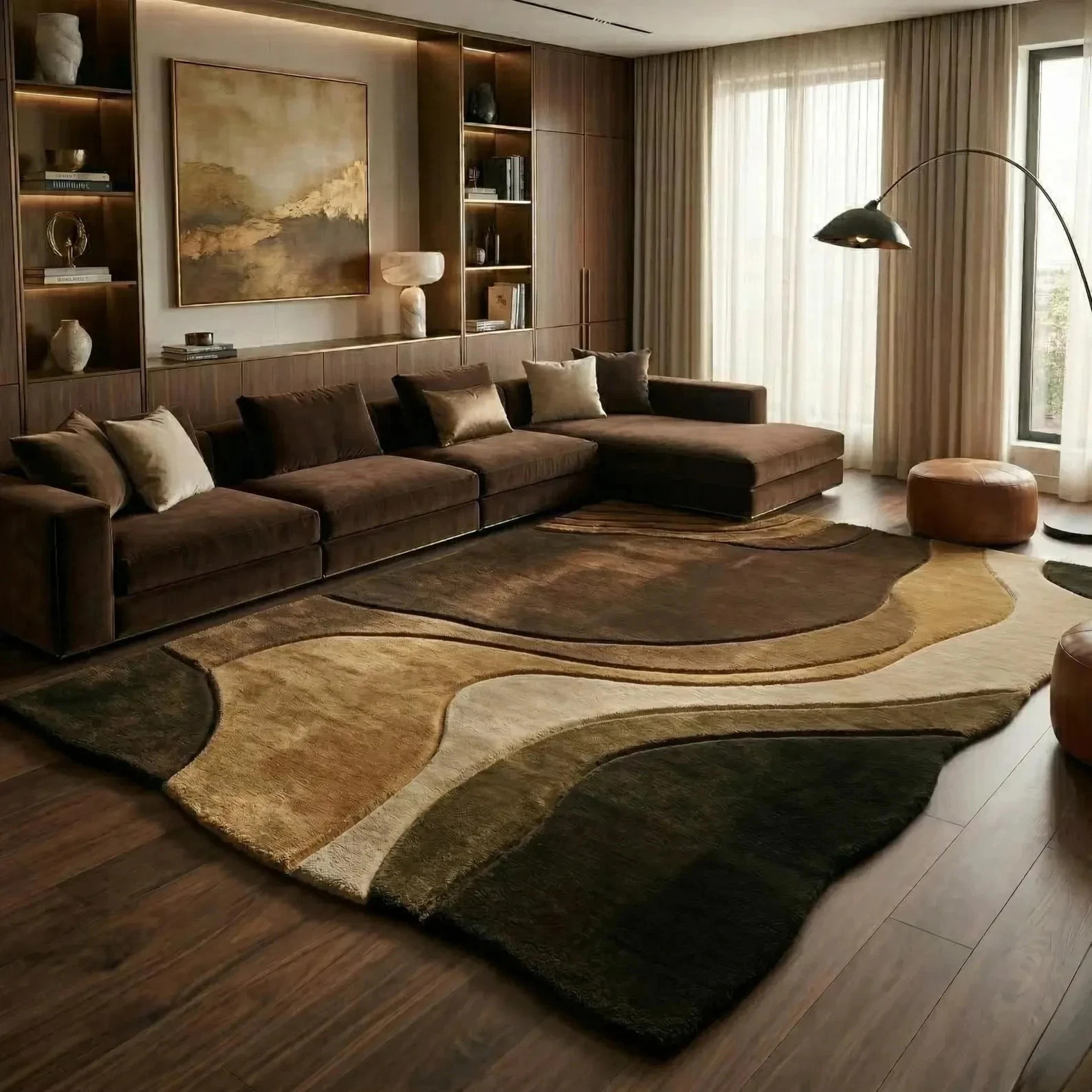 Hand Tufted Brown Abstract Wool Rug, Wave Layered Rugs for Living Room Carpet..