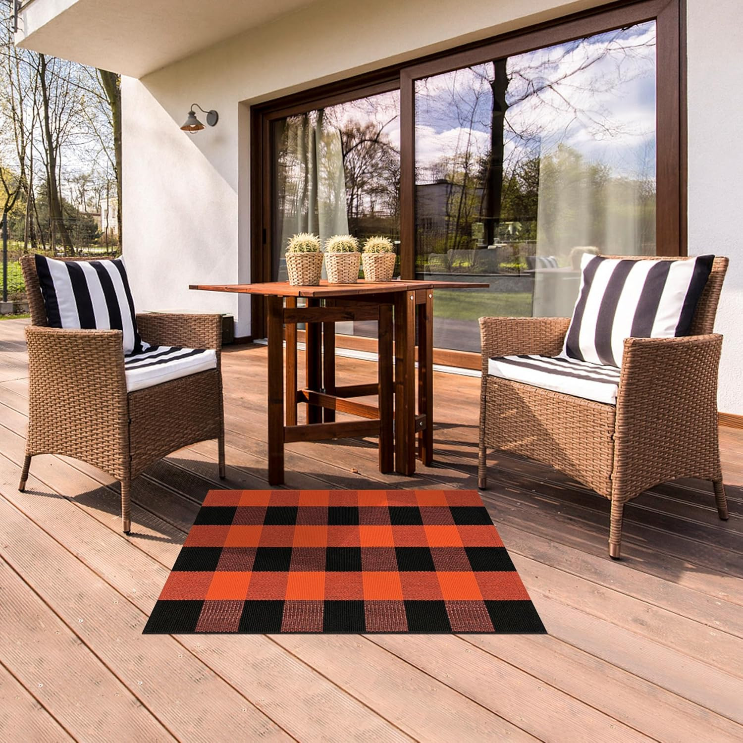 Buffalo Plaid Outdoor Rug Orange and Black 2X3 Cotton Woven Checkered Area Rug W