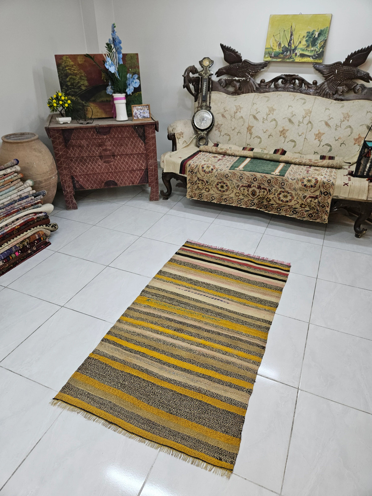 Striped Yellow Kilim Rug, Small Vintage Handmade Rug (2.6 x 4.8 ft)