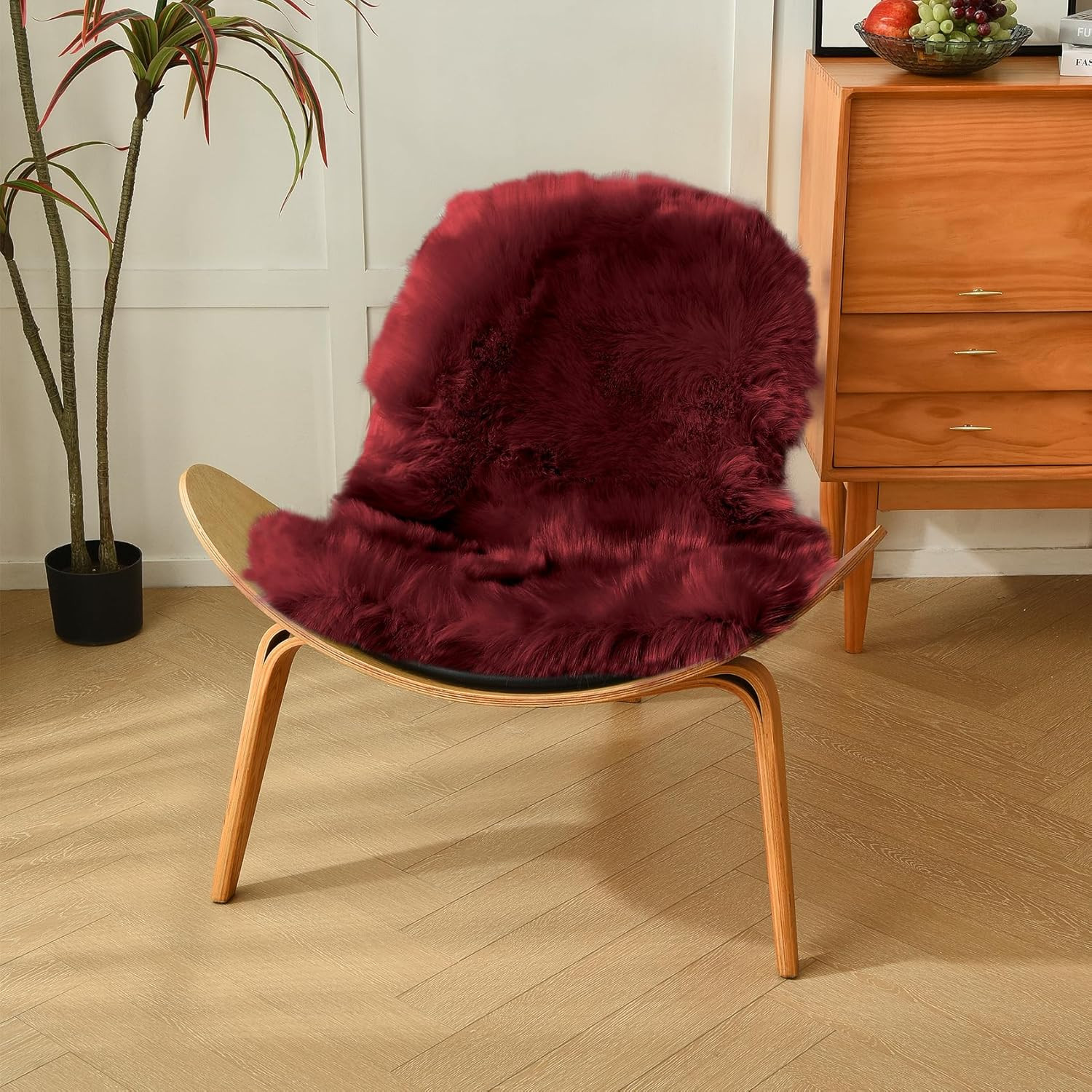 Burgundy Sheepskin Throw Rug 2×3 ft, Fluffy Shag Faux Fur Seat Chair Covers Non