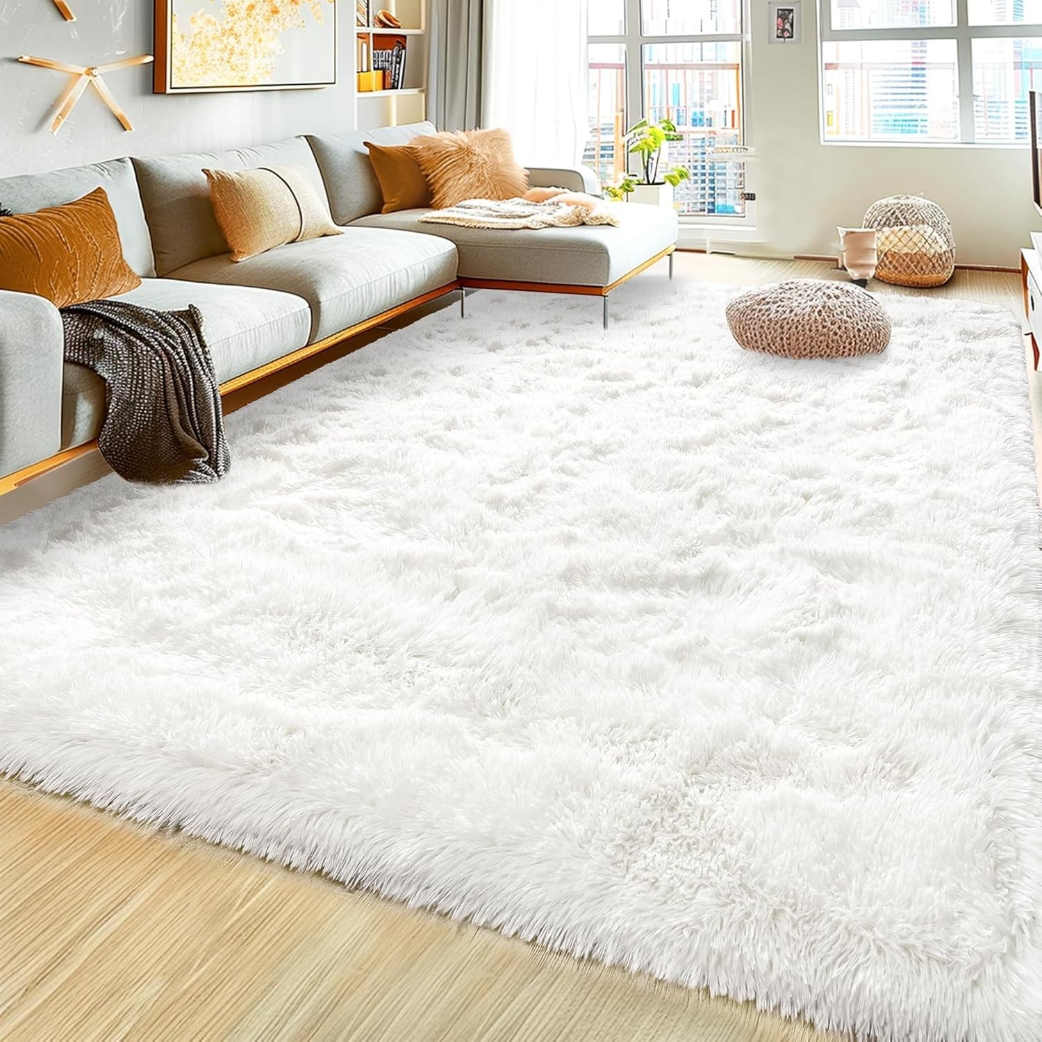 Fluffy Area Rug 8×10 Large Ultra Soft Plush Shag White Mat for Living Room Floor