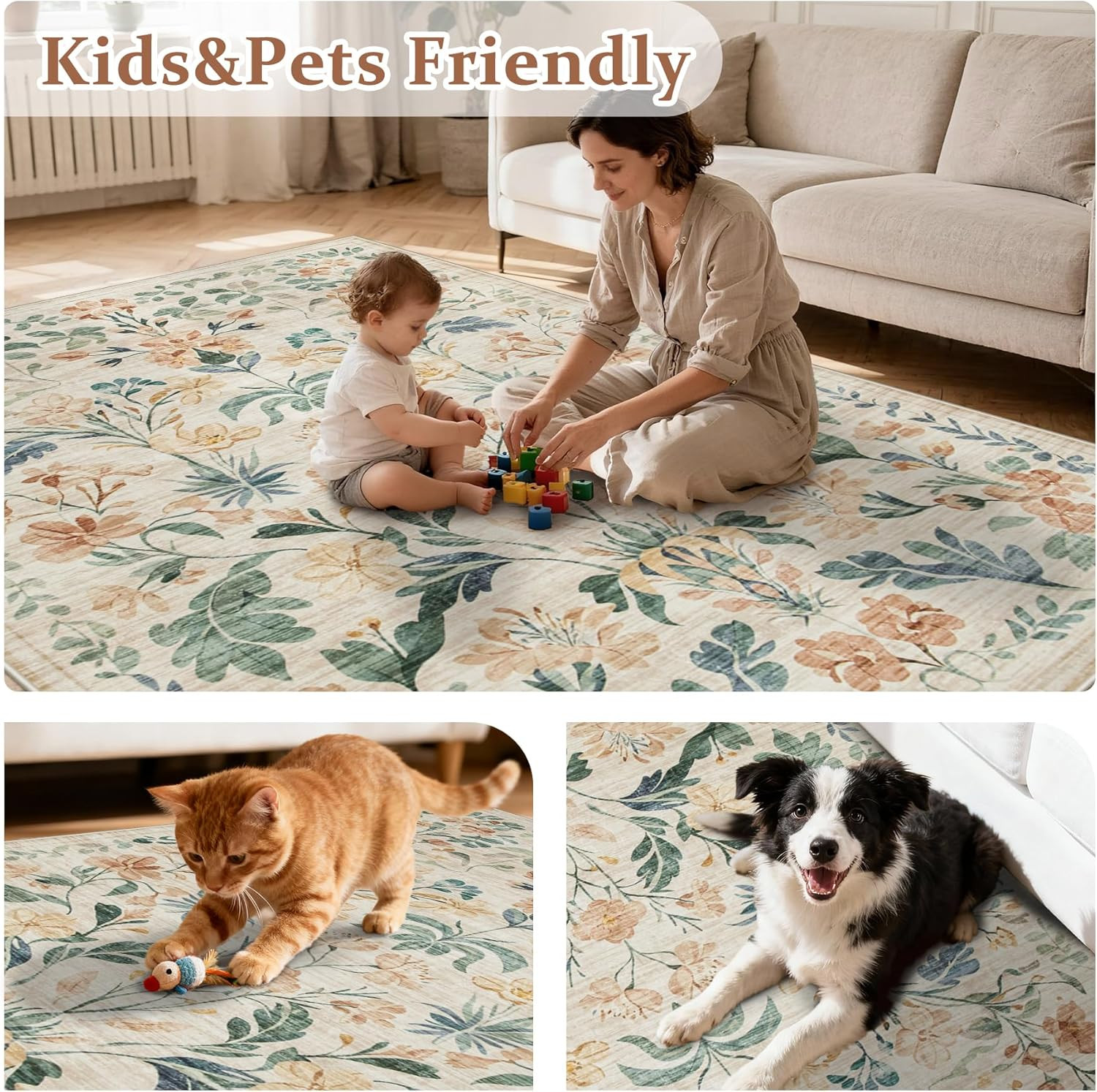 6X9 Area Rugs Washable Rug: Large Boho Living Room Rug Soft Non-Slip Low Pile Ca