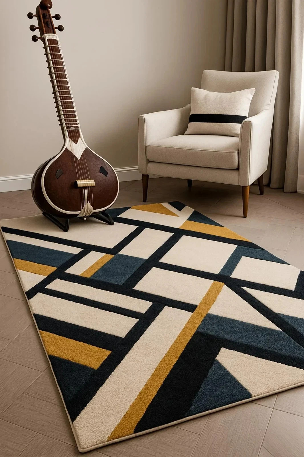 New Modern Geometric Hand Tufted Wool Rug – Blue Mustard Cream Area Rug Carpet