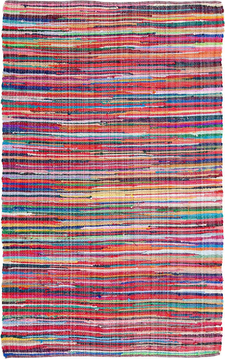 Handmade Boho Stripe Rag Rug – 6′ x 9′, Red & Multi, Perfect for High Traffic Ar