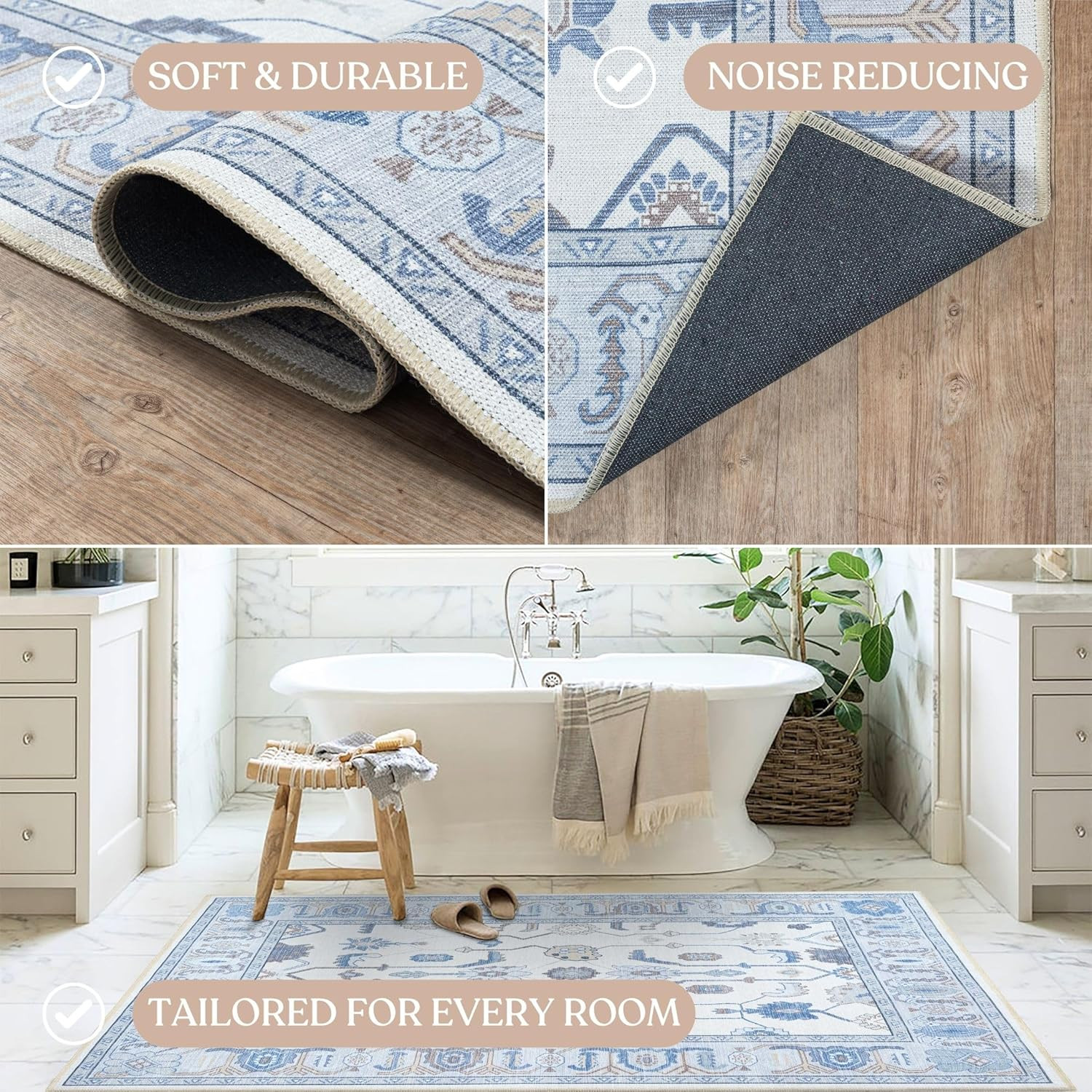 Cream Blue Oushak Rug – Modern Vintage Floral Area Rug 5’X6’9″ Washable