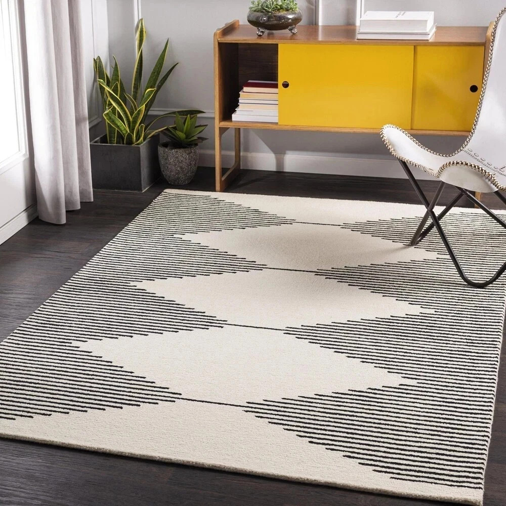 Ivory Black Diamond Hand Tufted Area Rug 8×10 Modern Geometric Striped Soft