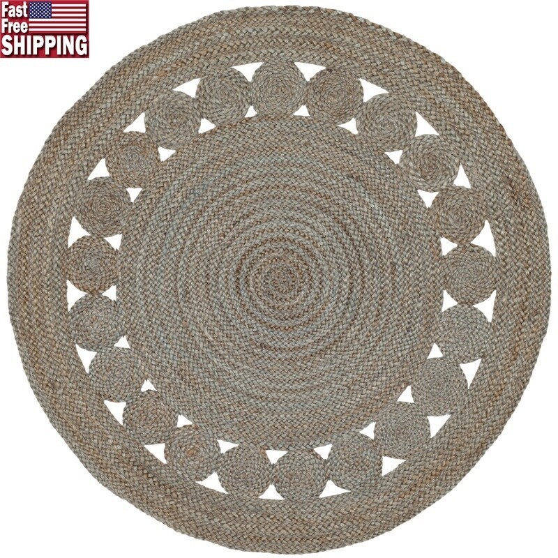 Natural Fiber Handmade Jute Area Rug Braided Round Soft Indoor Carpet 3ft Grey