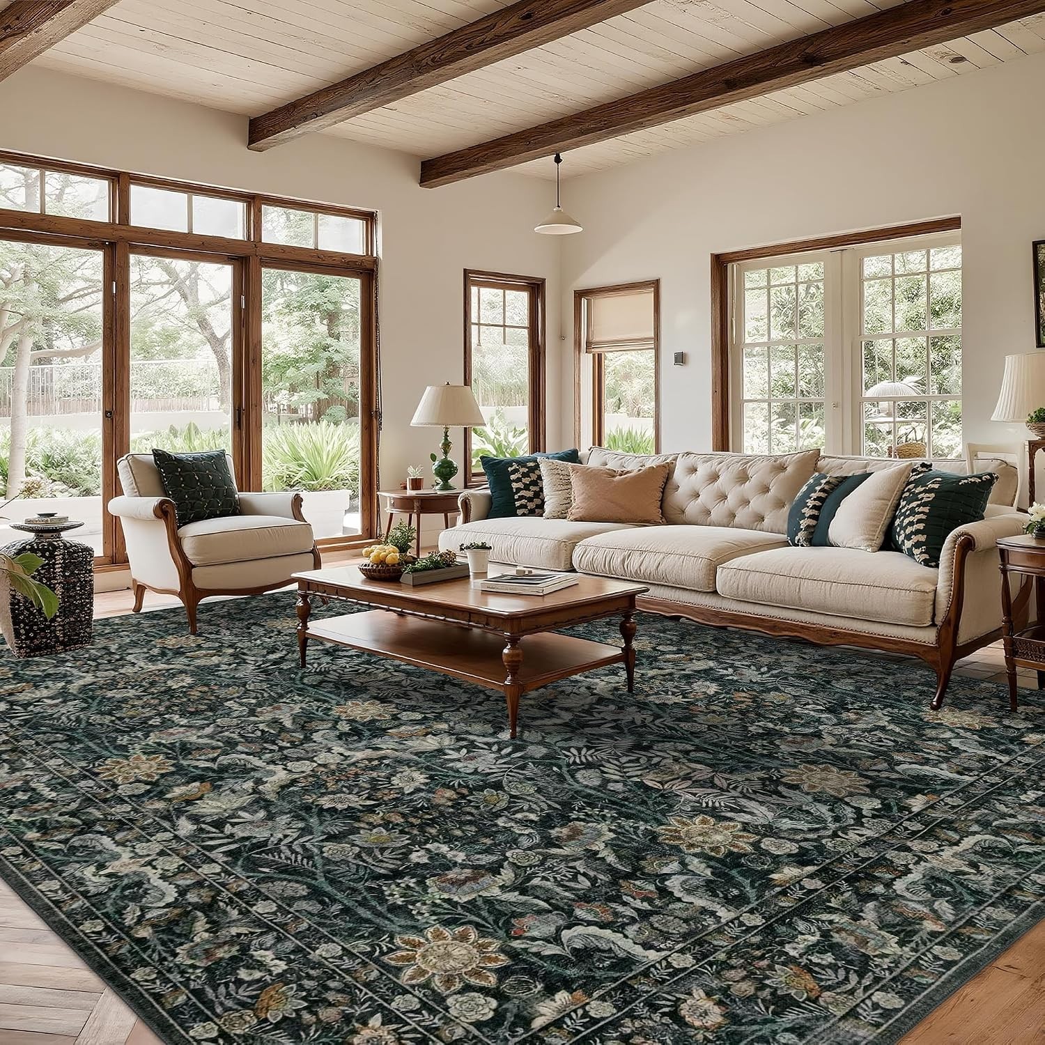 Vintage Floral Area Rug 9×12: Soft Washable Green Carpet Living Room | Oriental