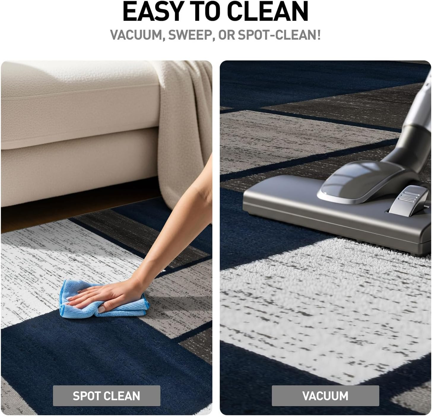 Modern Geometric Boxes Navy Area Rug, Fade-Resistant Carpet for Large Living Roo
