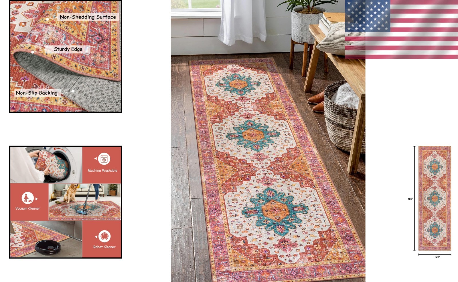 Ultra-Thin 2’6″x8′ Runner Rug – Machine Washable Pink Boho Vintage Medallion