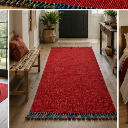 Hand Woven Jute Natural Red Rug Home Decor Carpet Boho Rug Modern Area Rug Mat