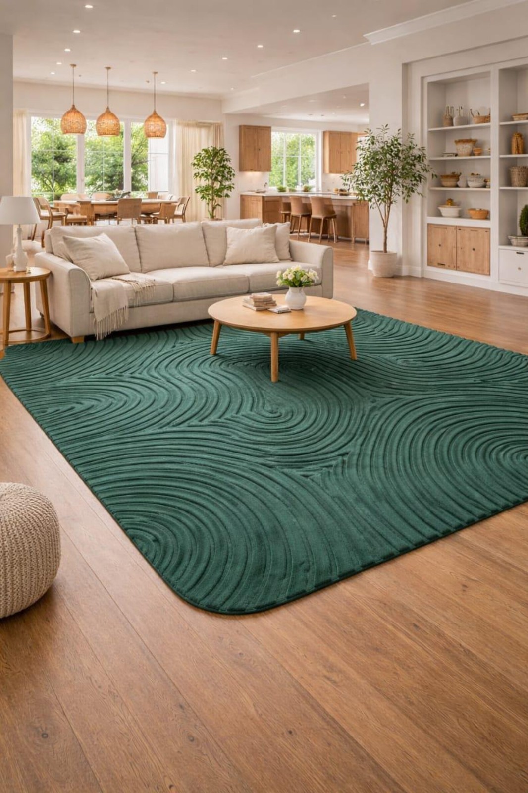 Hand Tufted Forest Green Area Rug, Modern Textured Swirl Carpet, 3D Wave Pattern