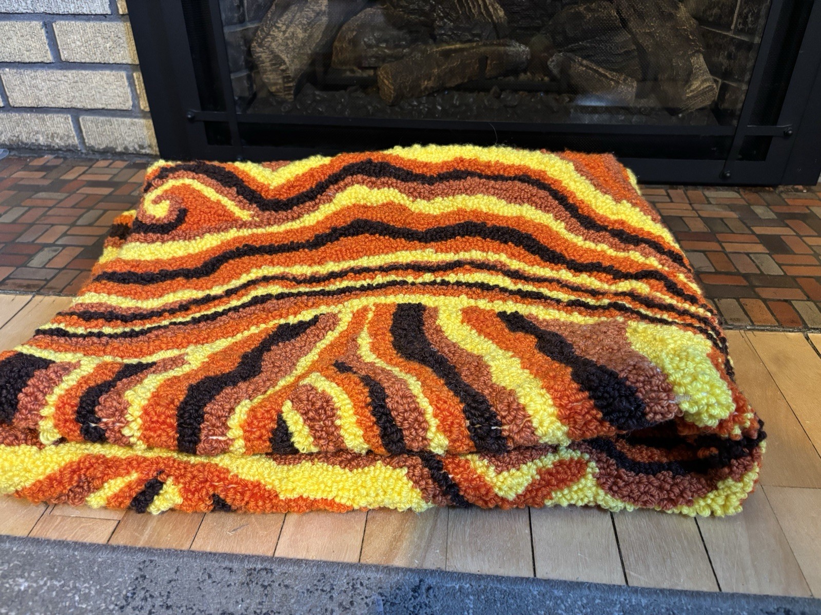 Handmade Woven Rug Groovy 70s 80s Retro Vintage Hippie Orange Yellow Brown Swirl