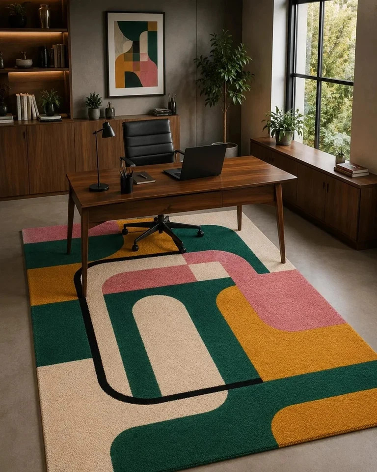 Hand Tufted 100% Wool Geometric Abstract Green Mustard Pink Cream Black Rug etc