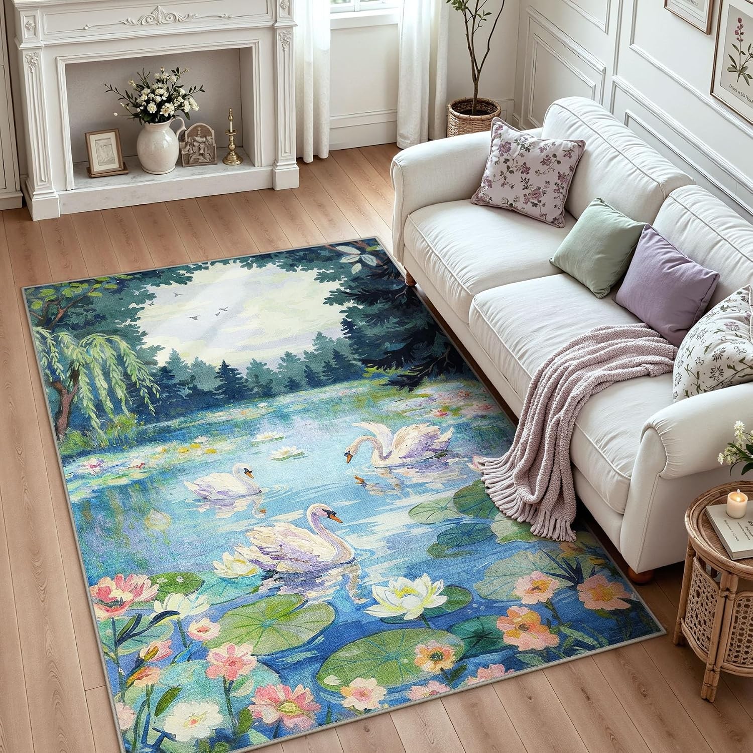 3×5/5×7 Swan Lake in oil painting style Area Rugs, Washable Soft Non Slip Carpet