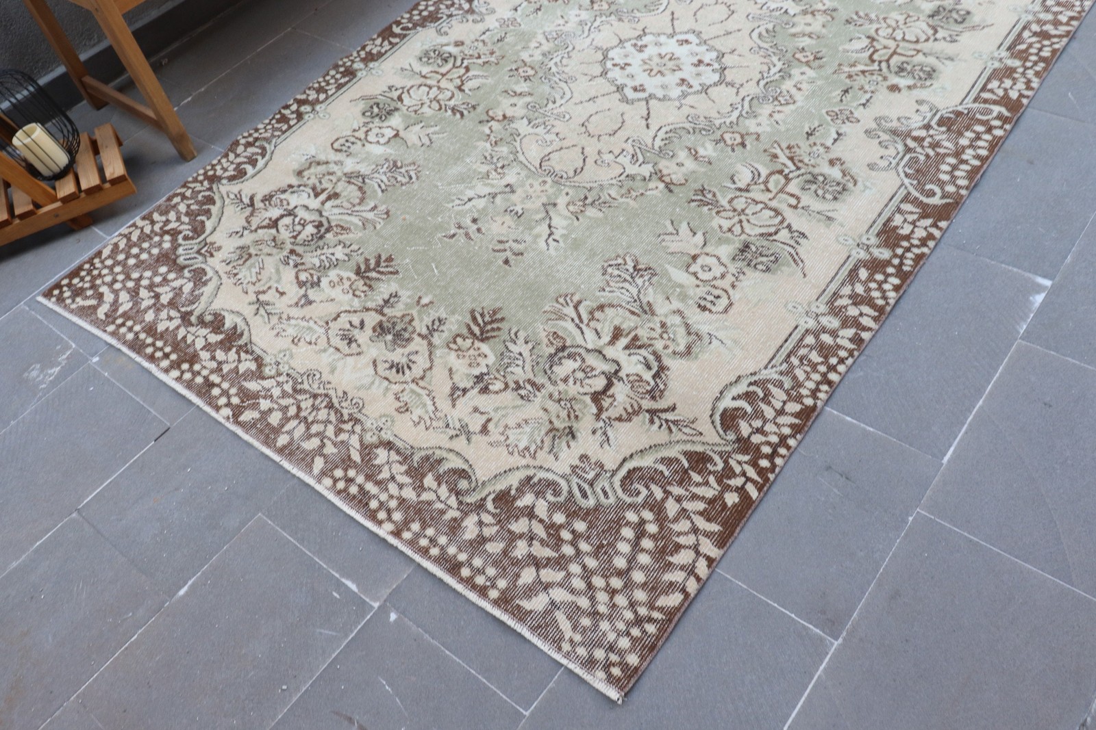 5,2×8,8 ft Large Vintage Rug, Turkish Rug, Brown White Floral Wool Rug
