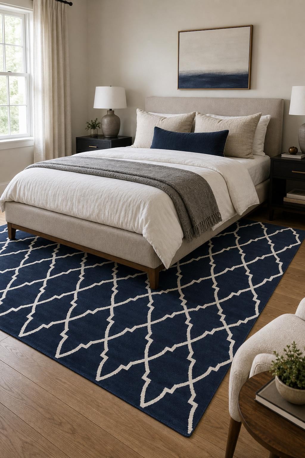 Modern Blue Area Rug 5×8 Bold White Geometric Lines Hand-Tufted Wool & Silk