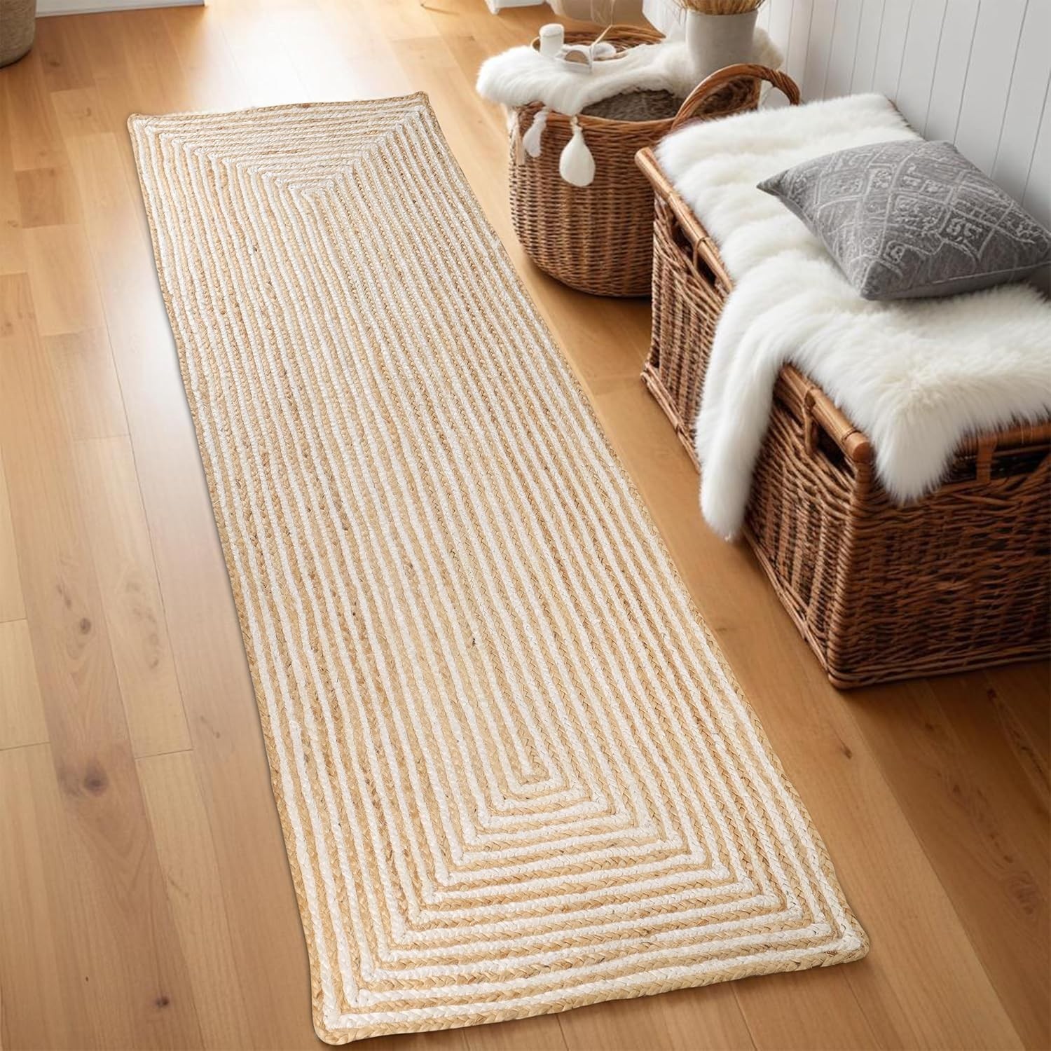Rectangle Jute Rug Hand Braided Eco Friendly Farmhouse Entryway Area Carpet